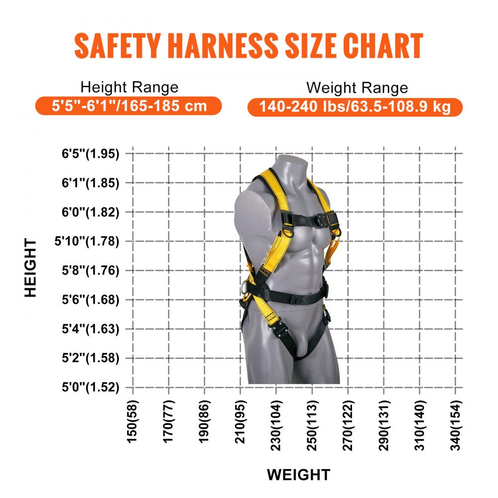 AMITOOLS Safety Harness, Full Body Harness, Safety Harness Fall Protection with Added Padding, and Side Rings and Dorsal D-Rings and a Lanyard, ANSI/ASSE Z359.11-2014, 240 lbs Max Weight, M