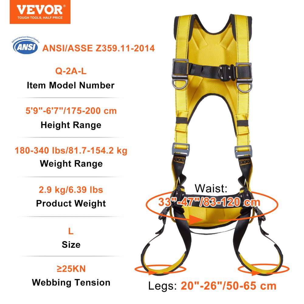 AMITOOLS Safety Harness, Full Body Harness, Safety Harness Fall Protection with Added Padding, and Side Rings and Dorsal D-Rings and a Lanyard, ANSI/ASSE Z359.11-2014, 340 lbs Max Weight, L