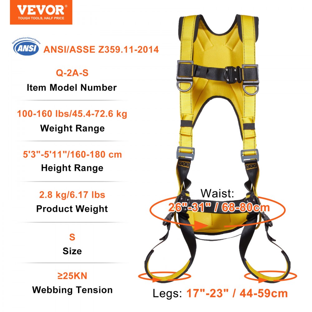 AMITOOLS Safety Harness, Full Body Harness, Safety Harness Fall Protection with Added Padding, and Side Rings and Dorsal D-Rings and a Lanyard, ANSI/ASSE Z359.11-2014, 160 lbs Max Weight, S