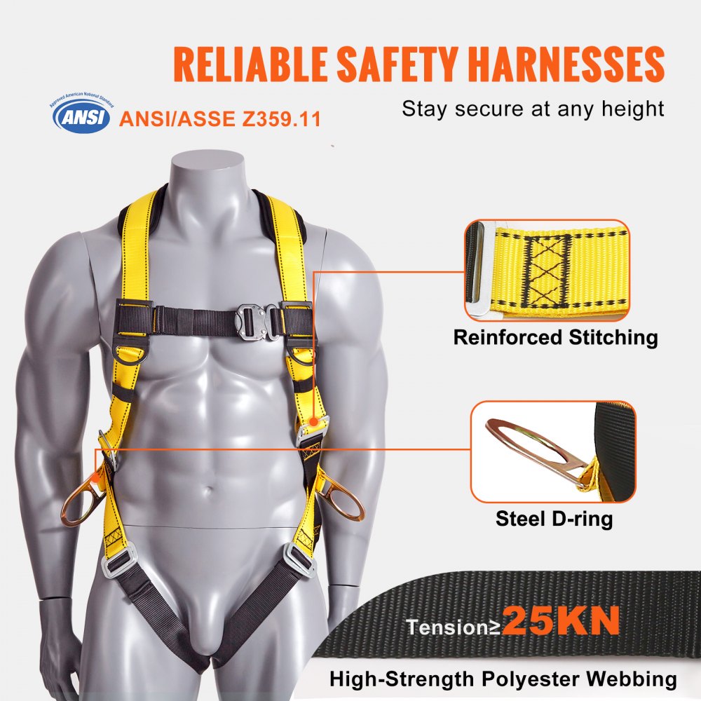 AMITOOLS Safety Harness, Full Body Harness, Safety Harness Fall Protection with Added Padding on Shoulder Back, and Side Rings and Dorsal D-Rings and a Lanyard, ANSI/ASSE Z359.11, 340 lbs Max Weight