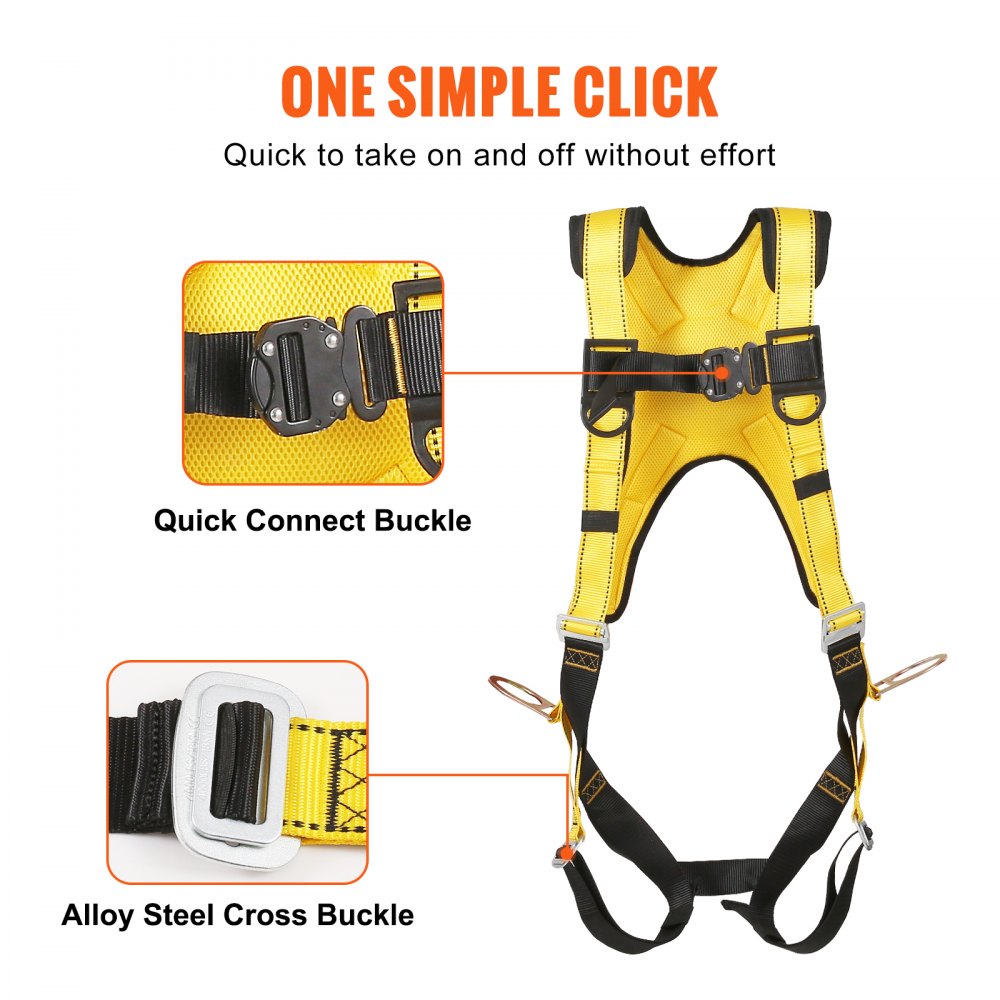 AMITOOLS Safety Harness, Full Body Harness, Safety Harness Fall Protection with Added Padding on Shoulder Back, and Side Rings and Dorsal D-Rings and a Lanyard, ANSI/ASSE Z359.11, 340 lbs Max Weight