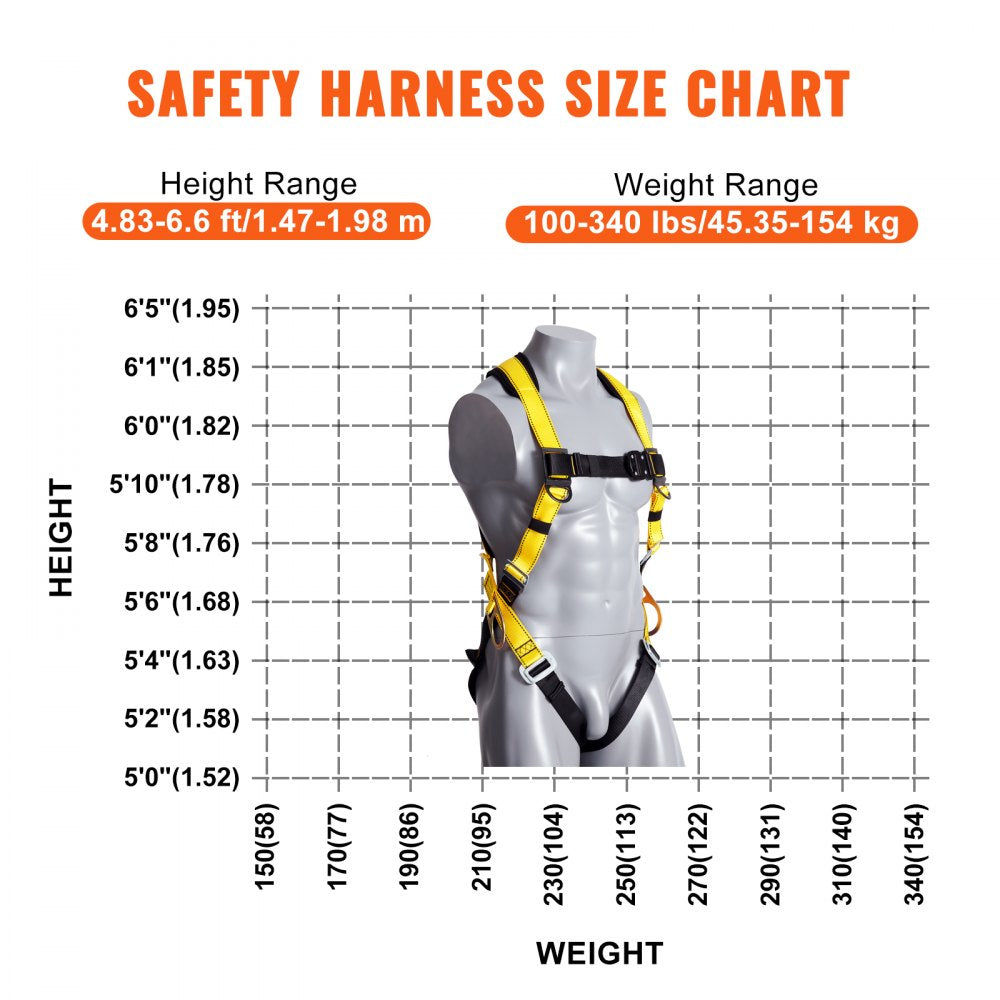 AMITOOLS Safety Harness, Full Body Harness, Safety Harness Fall Protection with Added Padding on Shoulder Back, and Side Rings and Dorsal D-Rings and a Lanyard, ANSI/ASSE Z359.11, 340 lbs Max Weight