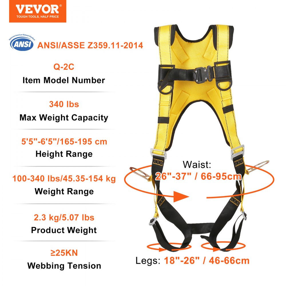 AMITOOLS Safety Harness, Full Body Harness, Safety Harness Fall Protection with Added Padding on Shoulder Back, and Side Rings and Dorsal D-Rings and a Lanyard, ANSI/ASSE Z359.11, 340 lbs Max Weight