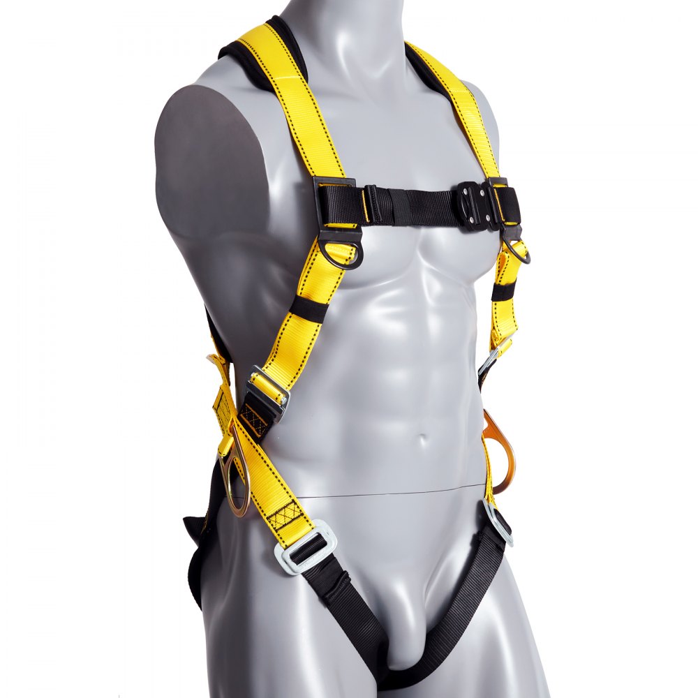 AMITOOLS Safety Harness, Full Body Harness, Safety Harness Fall Protection with Added Padding on Shoulder Back, and Side Rings and Dorsal D-Rings and a Lanyard, ANSI/ASSE Z359.11, 340 lbs Max Weight