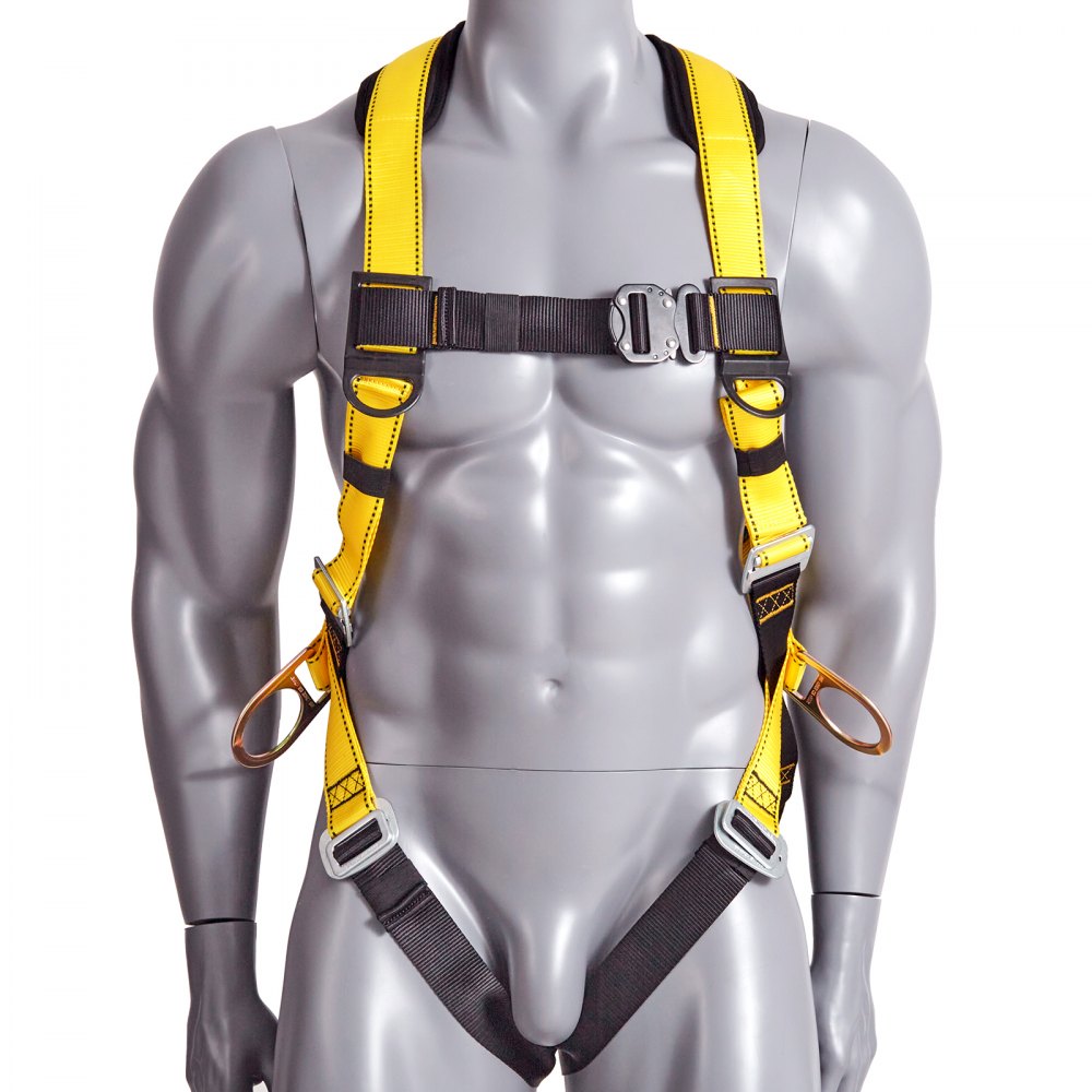 AMITOOLS Safety Harness, Full Body Harness, Safety Harness Fall Protection with Added Padding on Shoulder Back, and Side Rings and Dorsal D-Rings and a Lanyard, ANSI/ASSE Z359.11, 340 lbs Max Weight