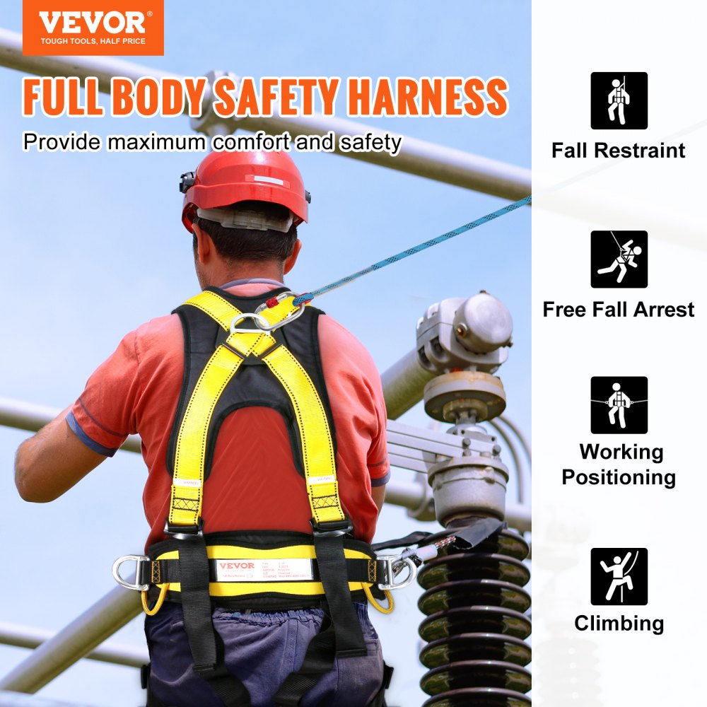 AMITOOLS Safety Harness, Universal Full Body Harness, Detachable Safety Harness Fall Protection with Added Padding on Shoulder, Back, Waist, Legs, and 5 D-Rings, ANSI/ASSE Z359.11, 340 lbs