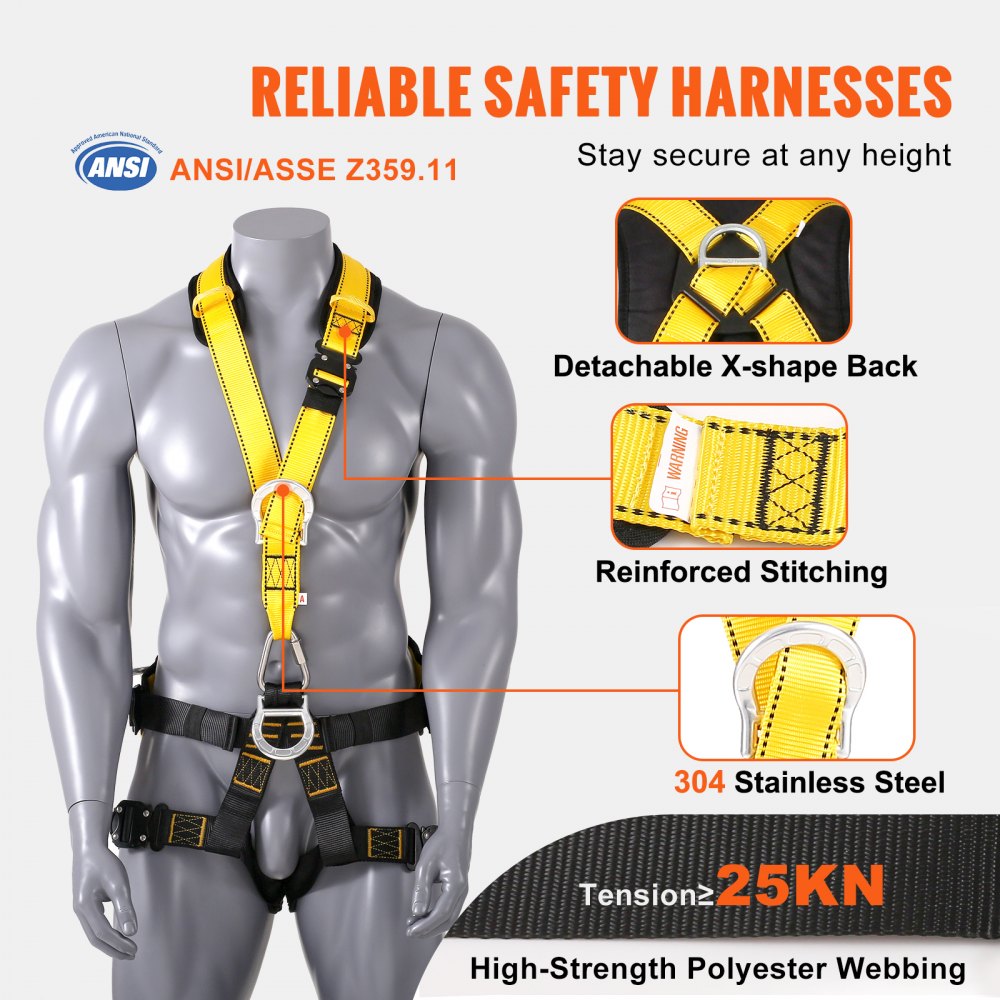 AMITOOLS Safety Harness, Universal Full Body Harness, Detachable Safety Harness Fall Protection with Added Padding on Shoulder, Back, Waist, Legs, and 5 D-Rings, ANSI/ASSE Z359.11, 340 lbs