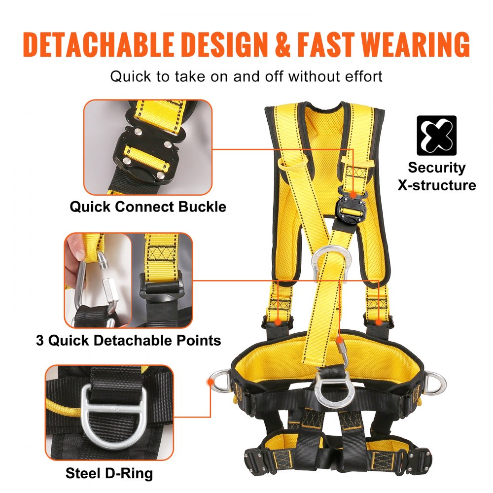 AMITOOLS Safety Harness, Universal Full Body Harness, Detachable Safety Harness Fall Protection with Added Padding on Shoulder, Back, Waist, Legs, and 5 D-Rings, ANSI/ASSE Z359.11, 340 lbs