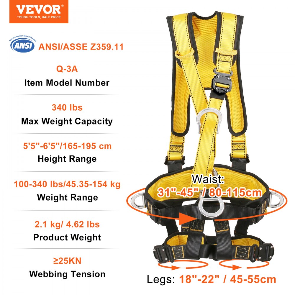 AMITOOLS Safety Harness, Universal Full Body Harness, Detachable Safety Harness Fall Protection with Added Padding on Shoulder, Back, Waist, Legs, and 5 D-Rings, ANSI/ASSE Z359.11, 340 lbs