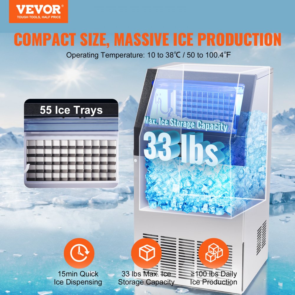 AMITOOLS Commercial Ice Maker, 100lbs/24H, Ice Maker Machine, 55 Ice Cubes in 12-15 Minutes, Freestanding Cabinet Ice Maker with 33lbs Storage Capacity LED Digital Display, for Bar Home Office Restaurant