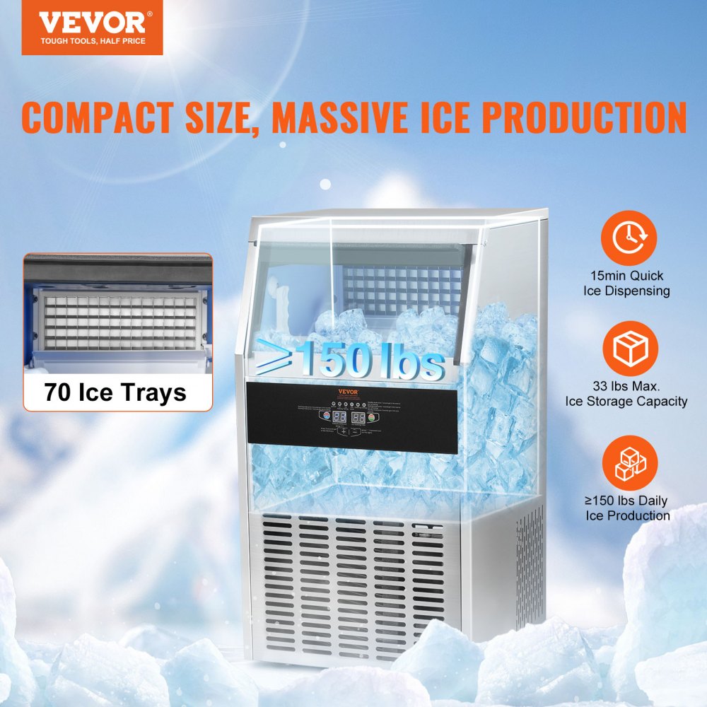 AMITOOLS Commercial Ice Maker, 150lbs/24H, Ice Maker Machine, 70 Ice Cubes in 12-15 Minutes, Freestanding Cabinet Ice Maker with 33lbs Storage Capacity LED Digital Display, for Bar Home Office Restaurant