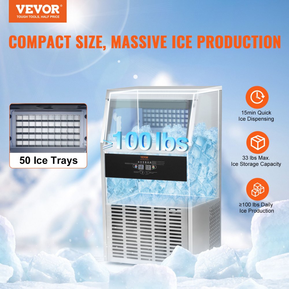 AMITOOLS Commercial Ice Maker, 100lbs/24H, Ice Maker Machine, 50 Ice Cubes in 12-15 Minutes, Freestanding Cabinet Ice Maker with 33lbs Storage Capacity LED Digital Display, for Bar Home Office Restaurant