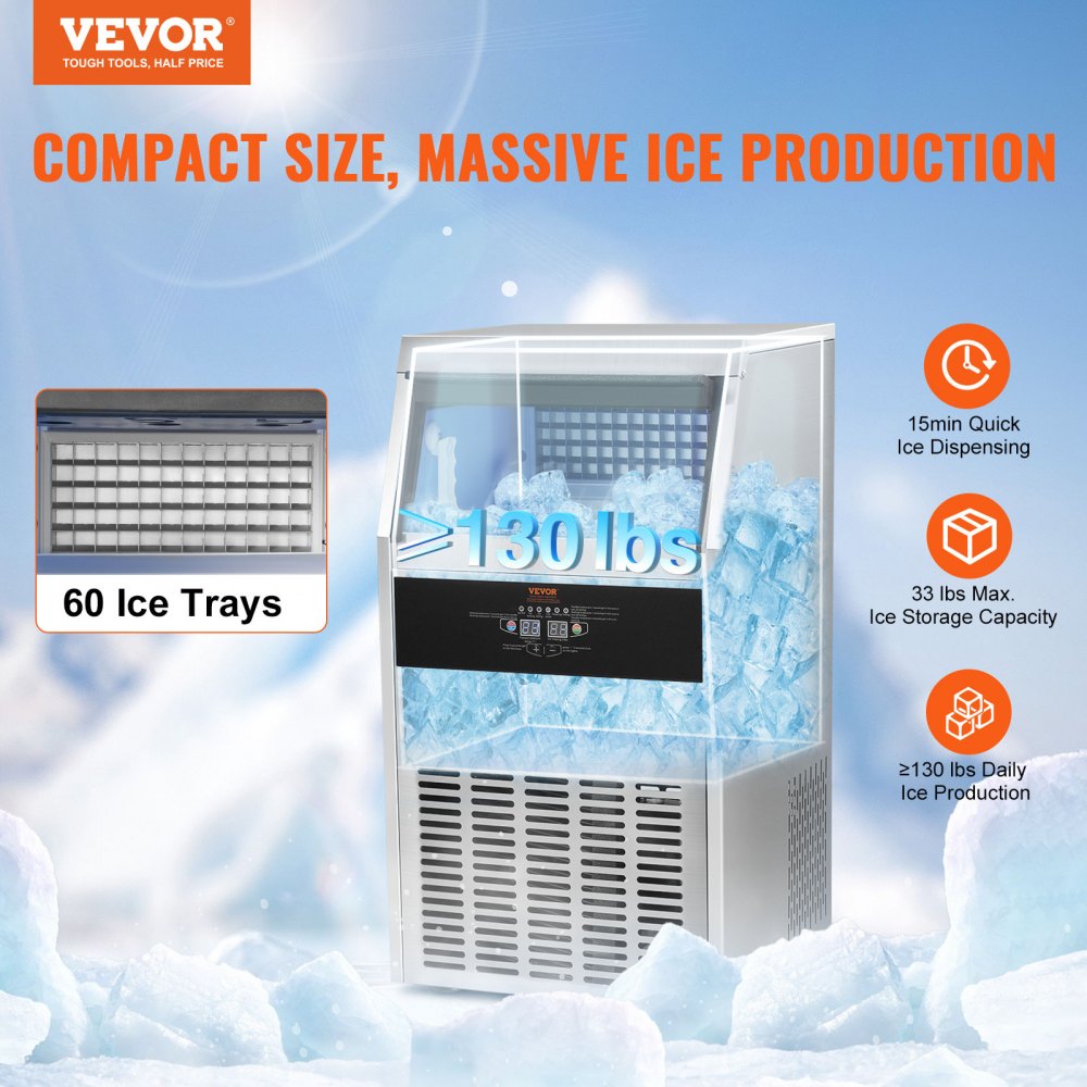 AMITOOLS Commercial Ice Maker, 130lbs/24H, Ice Maker Machine, 60 Ice Cubes in 12-15 Minutes, Freestanding Cabinet Ice Maker with 33lbs Storage Capacity LED Digital Display, for Bar Home Office Restaurant