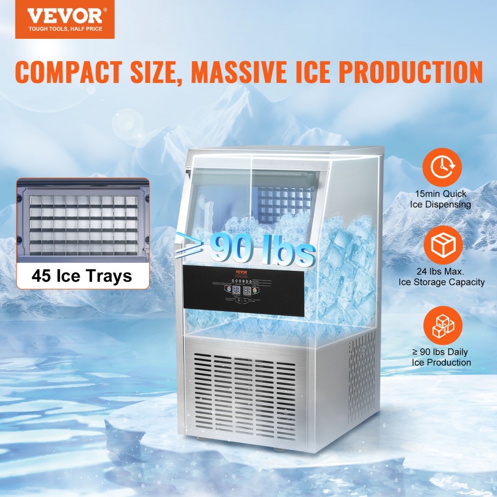 AMITOOLS Commercial Ice Maker, 90lbs/24H, Ice Maker Machine, 45 Ice Cubes in 12-15 Minutes, Freestanding Cabinet Ice Maker with 24lbs Storage Capacity LED Digital Display, for Bar Home Office Restaurant