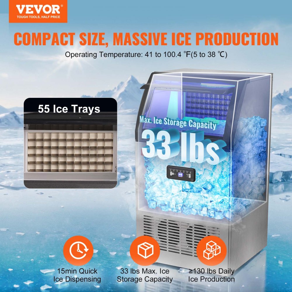 AMITOOLS Commercial Ice Maker, 130lbs/24H, Ice Maker Machine, 55 Ice Cubes in 12-15 Minutes, Freestanding Cabinet Ice Maker with 24lbs Storage Capacity LED Digital Display, for Bar Home Office Restaurant