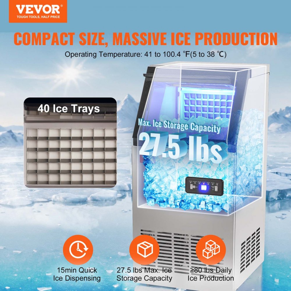 AMITOOLS Commercial Ice Maker, 80lbs/24H, Ice Maker Machine, 40 Ice Cubes in 12-15 Minutes, Freestanding Cabinet Ice Maker with 15lbs Storage Capacity LED Digital Display, for Bar Home Office Restaurant