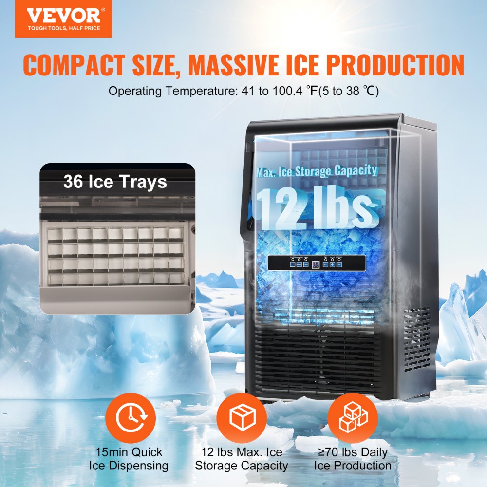 AMITOOLS Commercial Ice Maker, 70lbs/24H, Ice Maker Machine, 36 Ice Cubes in 12-15 Minutes, Freestanding Cabinet Ice Maker with 11lbs Storage Capacity LED Digital Display, for Bar Home Office Restaurant