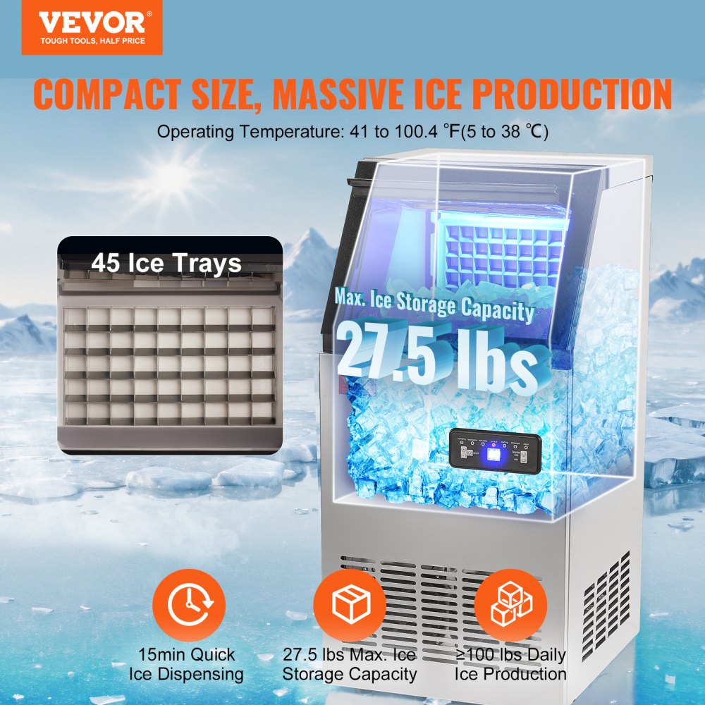 AMITOOLS Commercial Ice Maker, 100 lbs/24H, Ice Maker Machine, 45 Ice Cubes in 12-15 Minutes, Freestanding Cabinet Ice Maker with 27.5 lbs Storage Capacity LED Digital Display, for Home Office Restaurant