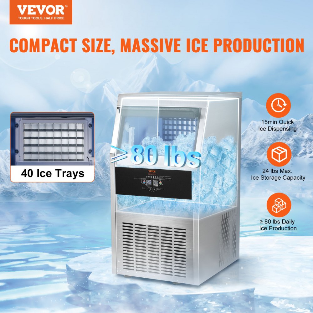 AMITOOLS Commercial Ice Maker, 80lbs/24H, Ice Maker Machine, 40 Ice Cubes in 12-15 Minutes, Freestanding Cabinet Ice Maker with 24lbs Storage Capacity LED Digital Display, for Bar Home Office Restaurant