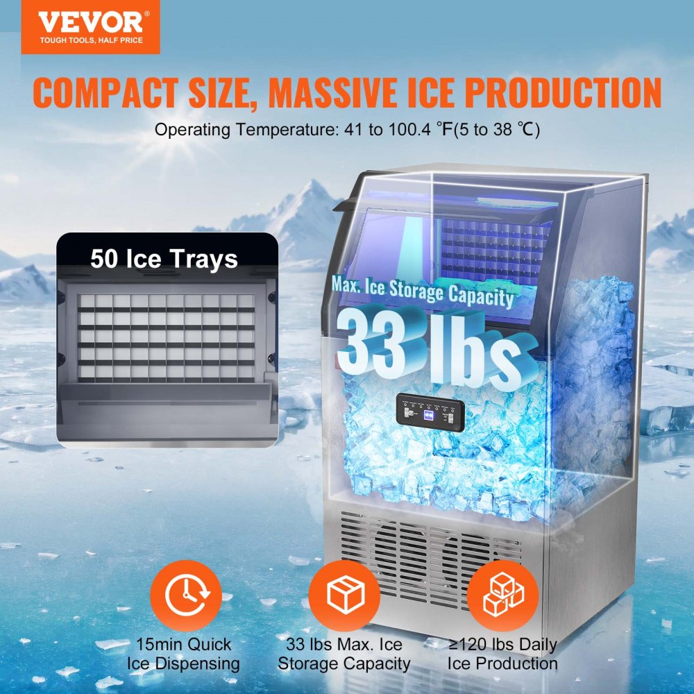 AMITOOLS Commercial Ice Maker, 120lbs/24H, Ice Maker Machine, 50 Ice Cubes in 12-15 Minutes, Freestanding Cabinet Ice Maker with 33lbs Storage Capacity LED Digital Display, for Bar Home Office Restaurant