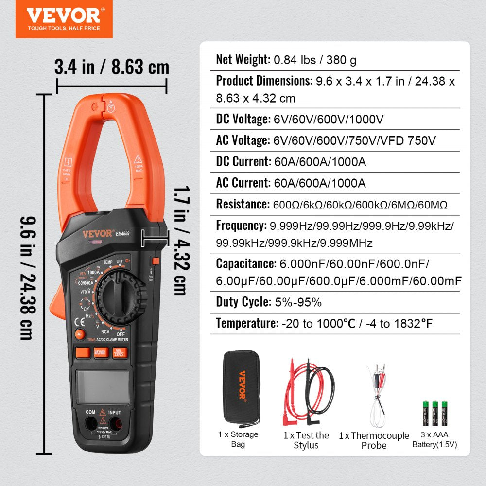 AMITOOLS Digital Clamp Meter T-RMS, 6000 Counts, 1000A Clamp Multimeter Tester, Measures Current Voltage Resistance Diodes Continuity Data Retention, NCV for Home Appliance, Railway Industry Maintenance