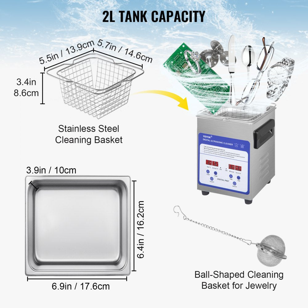 AMITOOLS Digital Ultrasonic Cleaner 2L Ultrasonic Cleaning Machine 40kHz Sonic Cleaner Machine 316 & 304 Stainless Steel Ultrasonic Cleaner Machine with Heater & Timer for Cleaning Jewelry Glasses Watch