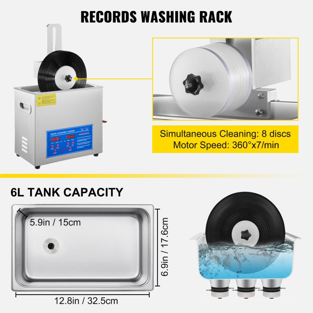 AMITOOLS Ultrasonic Cleaner 6L Ultrasonic Vinyl Cleaner 7-12 Inch 8 Records Ultrasonic Vinyl Cleaning Machine 180W Ultrasonic Records Cleaner with Drying Rack for Home Store