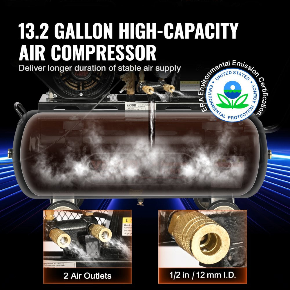 AMITOOLS 7HP Gas Powered Air Compressor, 13.2 Gallon Horizontal Air Compressor Tank, 9CFM@115PSI Gas Driven Piston Pump Air Compressed System with 115PSI Max Pressure for Construction Sites Workshop