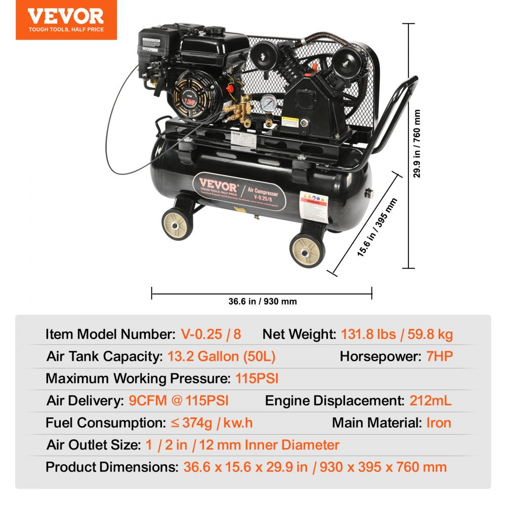 AMITOOLS 7HP Gas Powered Air Compressor, 13.2 Gallon Horizontal Air Compressor Tank, 9CFM@115PSI Gas Driven Piston Pump Air Compressed System with 115PSI Max Pressure for Construction Sites Workshop