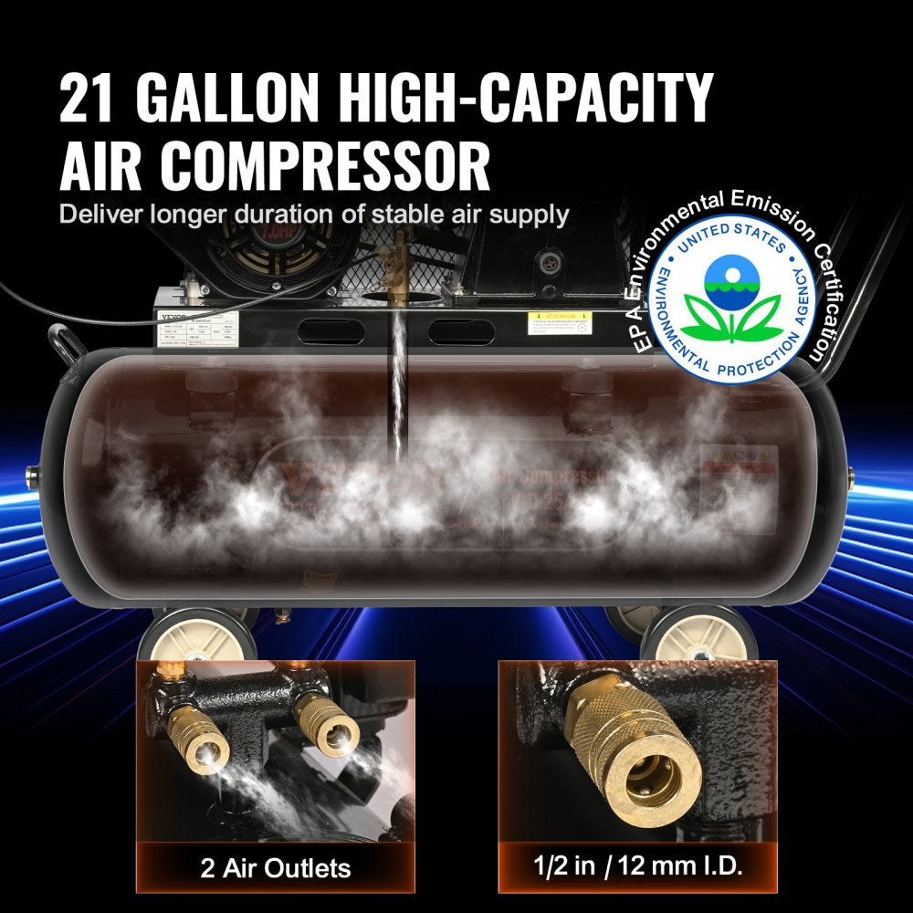 AMITOOLS 7HP Gas Powered Air Compressor, 21 Gallon Horizontal Air Compressor Tank, 9CFM@115PSI Gas Driven Piston Pump Air Compressed System with 115PSI Max Pressure for Construction Sites Workshop