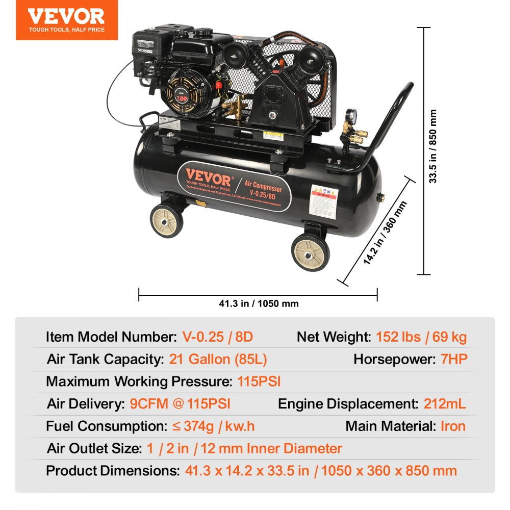 AMITOOLS 7HP Gas Powered Air Compressor, 21 Gallon Horizontal Air Compressor Tank, 9CFM@115PSI Gas Driven Piston Pump Air Compressed System with 115PSI Max Pressure for Construction Sites Workshop