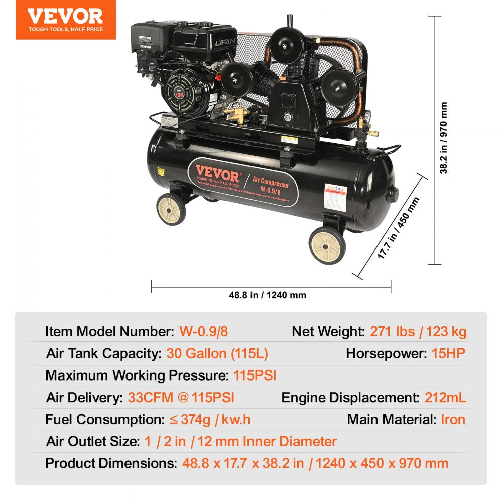 AMITOOLS 15HP Gas Powered Air Compressor, 30 Gallon Horizontal Air Compressor Tank, 33CFM@115PSI Gas Driven Piston Pump Air Compressed System with 115PSI Max Pressure for Construction Sites Workshop