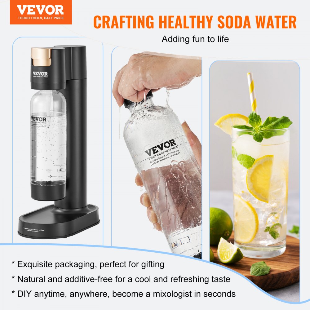 AMITOOLS Sparkling Water Maker, Soda Maker Machine for Home Carbonating, Seltzer Water Starter Kit with BPA free 1L PET Bottle, Compatible with Mainstream Screw-in 60L CO2 Cylinder(NOT Included), Black