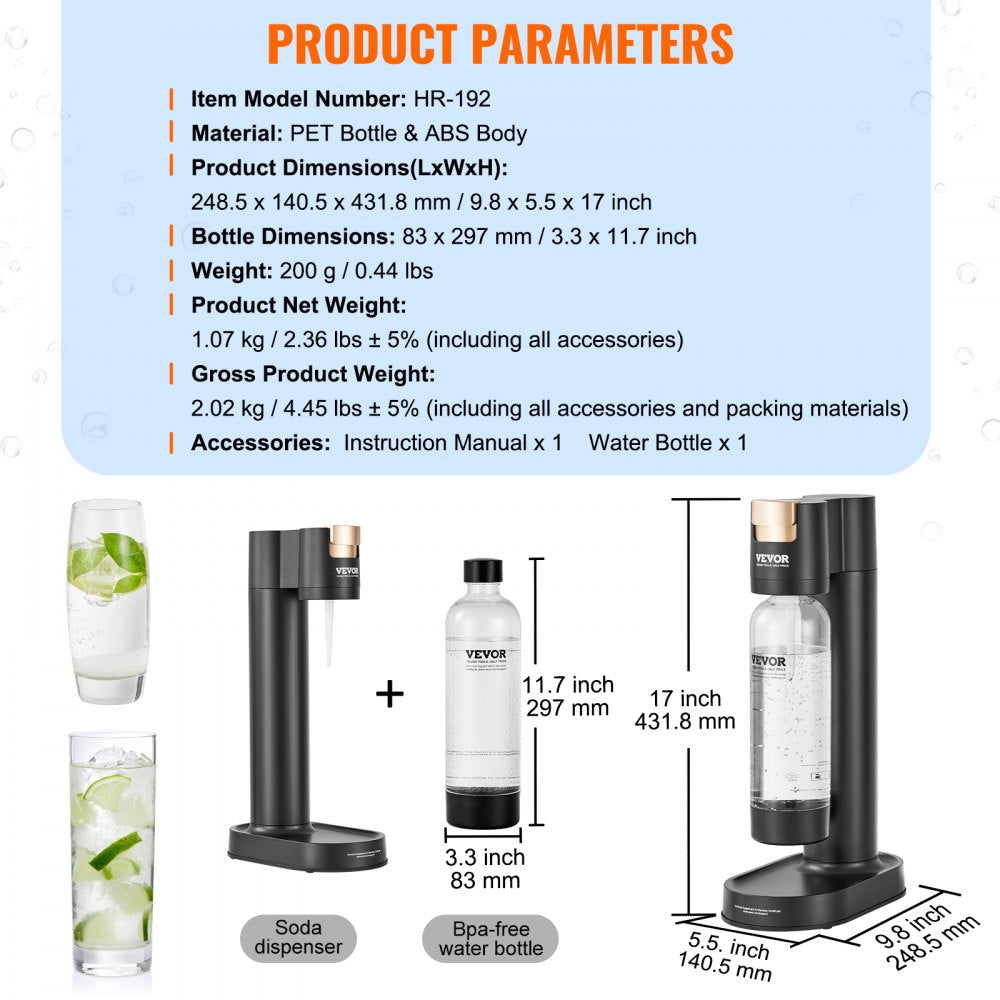 AMITOOLS Sparkling Water Maker, Soda Maker Machine for Home Carbonating, Seltzer Water Starter Kit with BPA free 1L PET Bottle, Compatible with Mainstream Screw-in 60L CO2 Cylinder(NOT Included), Black