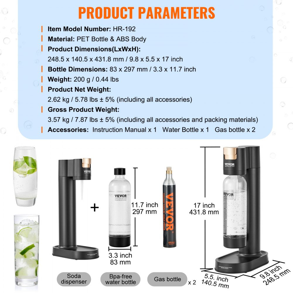 AMITOOLS Sparkling Water Maker, Soda Maker Machine for Home Carbonating, Seltzer Water Starter Kit with BPA-free 1L PET Bottle, 2 CO2 Cylinders, Compatible with Mainstream Screw-in 60L CO2 Cylinder