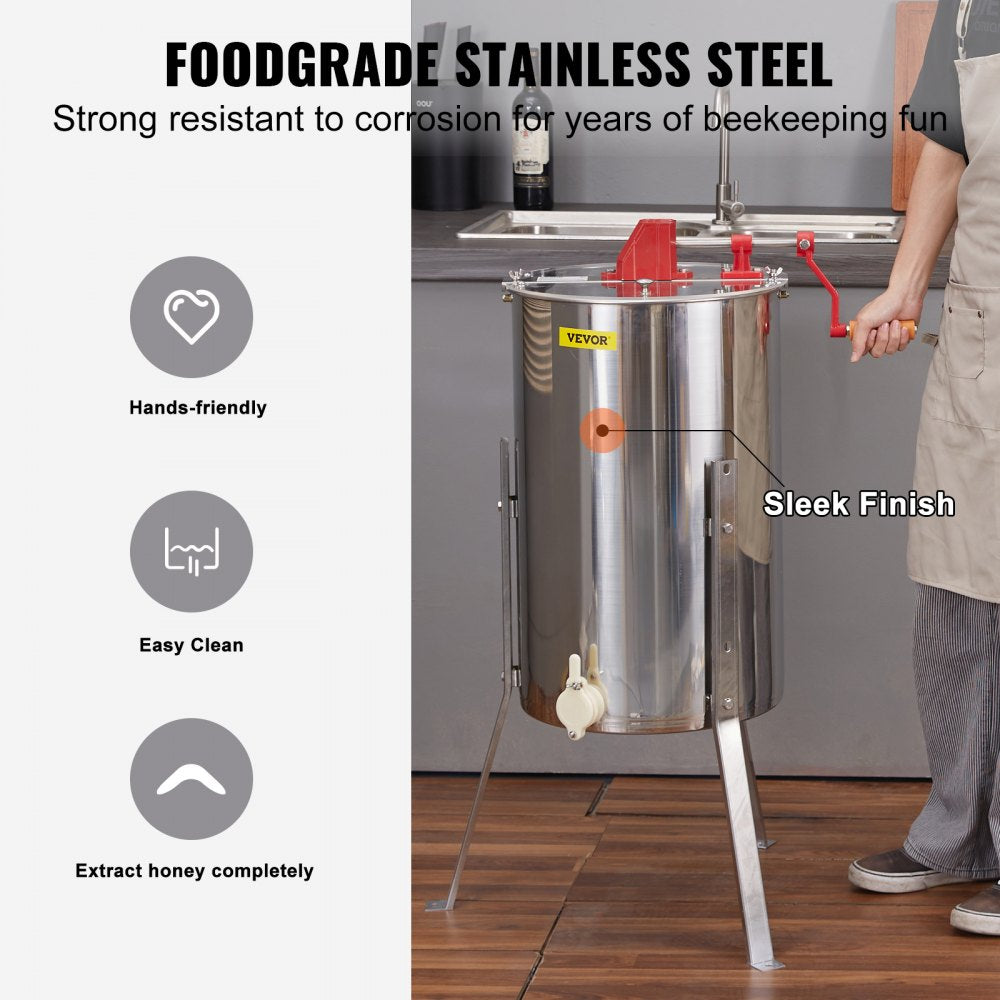 AMITOOLS Manual Honey Extractor, 2/4 Frames Honey Spinner Extractor, Stainless Steel Beekeeping Extraction, Honeycomb Drum Spinner with Lid, Apiary Centrifuge Equipment with Height Adjustable Stand