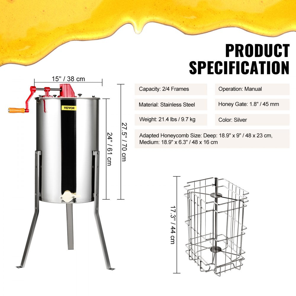 AMITOOLS Manual Honey Extractor, 2/4 Frames Honey Spinner Extractor, Stainless Steel Beekeeping Extraction, Honeycomb Drum Spinner with Lid, Apiary Centrifuge Equipment with Height Adjustable Stand