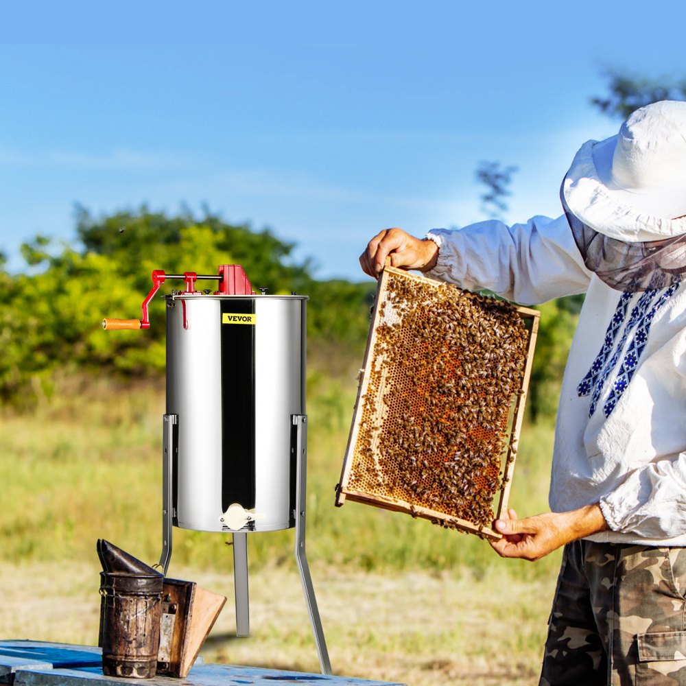 AMITOOLS Manual Honey Extractor, 2/4 Frames Honey Spinner Extractor, Stainless Steel Beekeeping Extraction, Honeycomb Drum Spinner with Lid, Apiary Centrifuge Equipment with Height Adjustable Stand