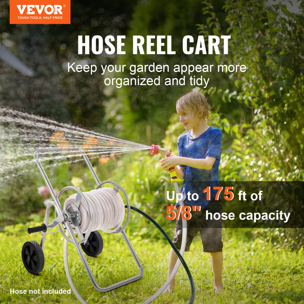 AMITOOLS Hose Reel Cart, Hold Up to 175 ft of 5/8’’ Hose (Hose Not Included), Garden Water Hose Carts Mobile Tools with Wheels, Heavy Duty Powder-coated Steel Outdoor Planting for Garden, Yard, Lawn