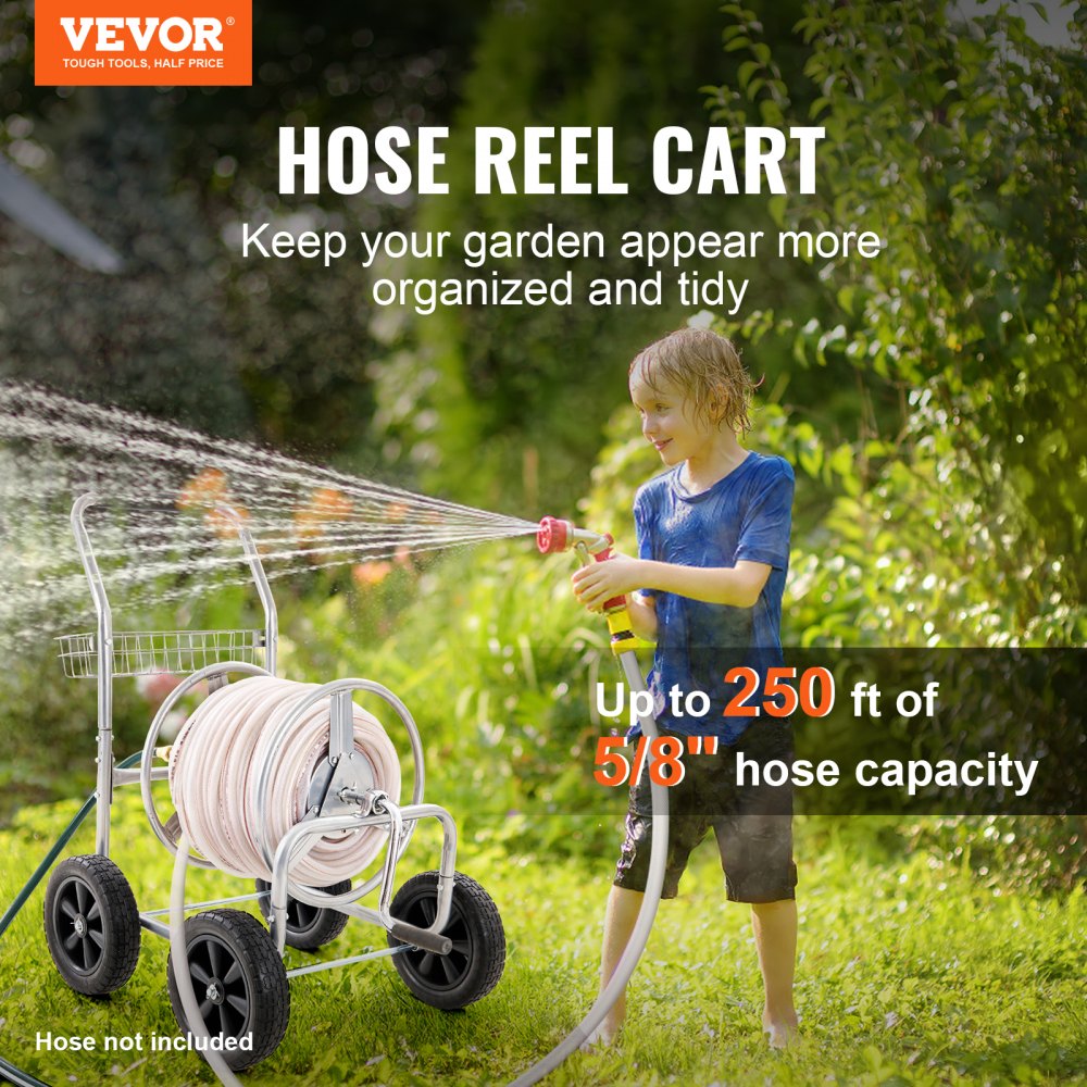 AMITOOLS Hose Reel Cart, Hold Up to 250 ft of 5/8’’ Hose, Garden Water Hose Carts Mobile Tools with 4 Wheels, Heavy Duty Powder-coated Steel Outdoor Planting with Storage Basket, for Garden, Yard, Lawn