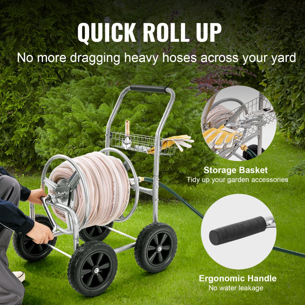 AMITOOLS Hose Reel Cart, Hold Up to 250 ft of 5/8’’ Hose, Garden Water Hose Carts Mobile Tools with 4 Wheels, Heavy Duty Powder-coated Steel Outdoor Planting with Storage Basket, for Garden, Yard, Lawn