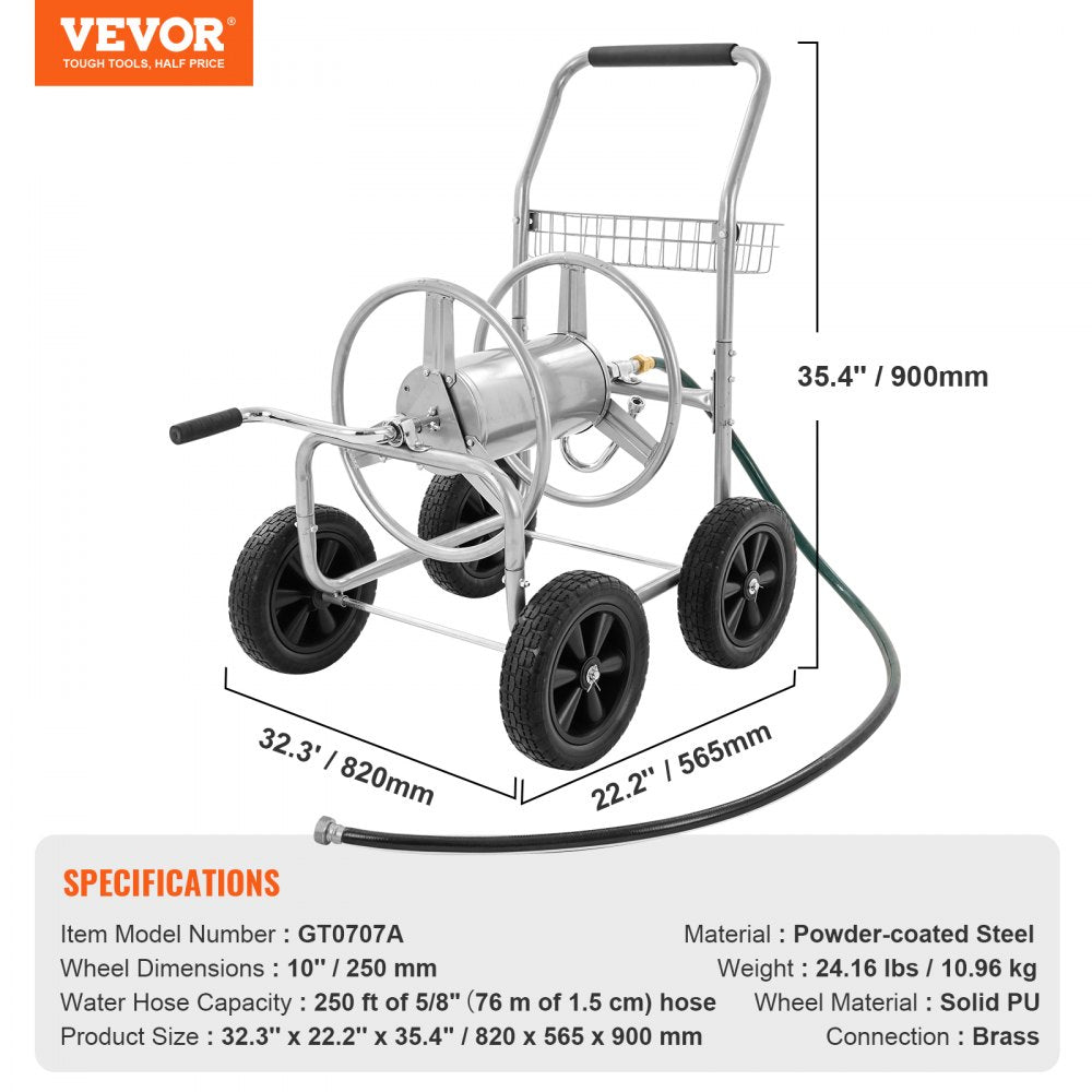 AMITOOLS Hose Reel Cart, Hold Up to 250 ft of 5/8’’ Hose, Garden Water Hose Carts Mobile Tools with 4 Wheels, Heavy Duty Powder-coated Steel Outdoor Planting with Storage Basket, for Garden, Yard, Lawn