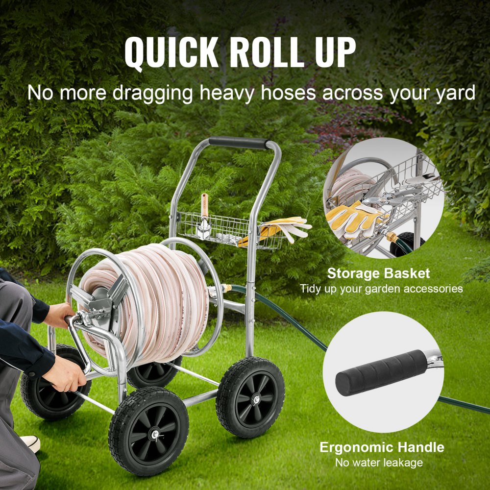 AMITOOLS Hose Reel Cart, Hold Up to 300 ft of 5/8’’ Hose, Garden Water Hose Carts Mobile Tools with 4 Wheels, Heavy Duty Powder-coated Steel Outdoor Planting with Storage Basket, for Garden, Yard, Lawn