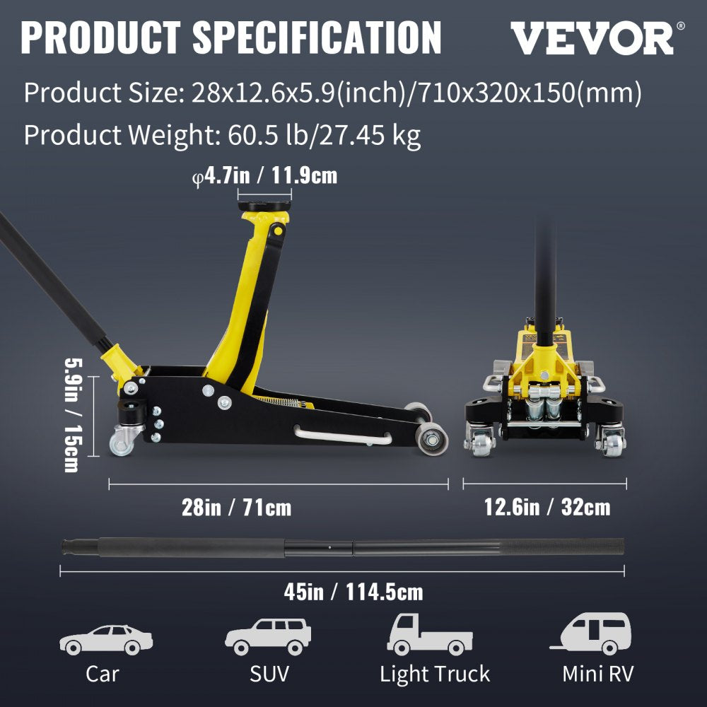 AMITOOLS Floor Jack, 2.5 Ton Low Profile Floor Jack, Aluminum and Steel Racing Floor Jack with Dual Pistons Quick Lift Pump, Floor Jack Lifting Range 3-3/4