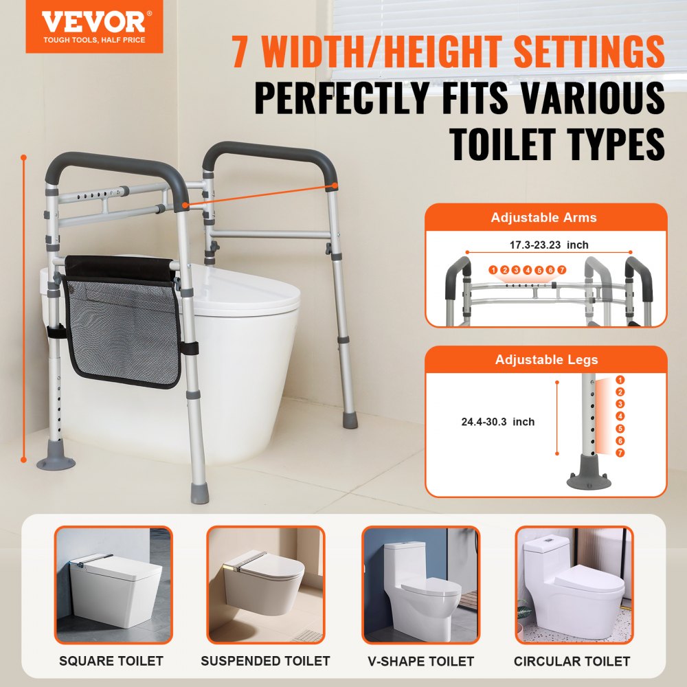 AMITOOLS Toilet Safety Rail, Folding Toilet Seat Frame, Adjustable Width & Height Fit Most Toilets, Supports 300lbs, Stand Alone Toilet Handles Grab Bars with Padded Arms for Handicap, Disabled, Seniors