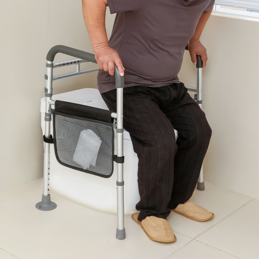 AMITOOLS Toilet Safety Rail, Folding Toilet Seat Frame, Adjustable Width & Height Fit Most Toilets, Supports 300lbs, Stand Alone Toilet Handles Grab Bars with Padded Arms for Handicap, Disabled, Seniors