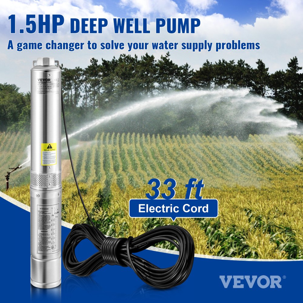 AMITOOLS Deep Well Submersible Pump, 1.5HP 230V/60Hz, 37gpm 276ft Head, with 33ft Electric Cord, 4