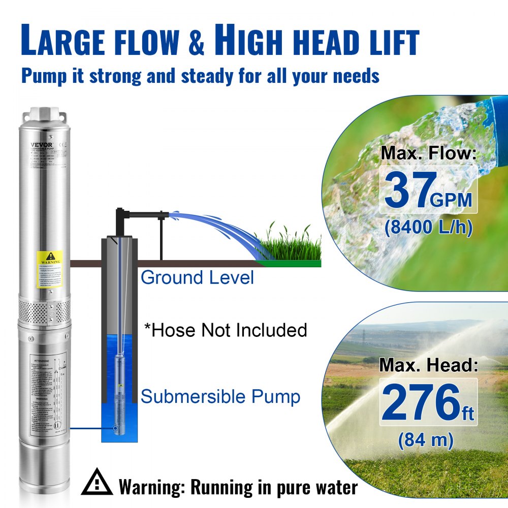 AMITOOLS Deep Well Submersible Pump, 1.5HP 230V/60Hz, 37gpm 276ft Head, with 33ft Electric Cord, 4