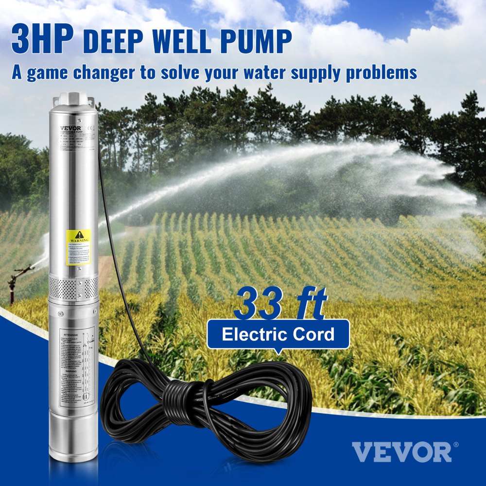 AMITOOLS Deep Well Submersible Pump, 3HP/2200W 230V/60Hz, 37GPM Flow 640 ft Head, with 33 ft Electric Cord, 4 inch Stainless Steel Water Pumps for Industrial, Irrigation & Home Use, IP68 Waterproof Grade