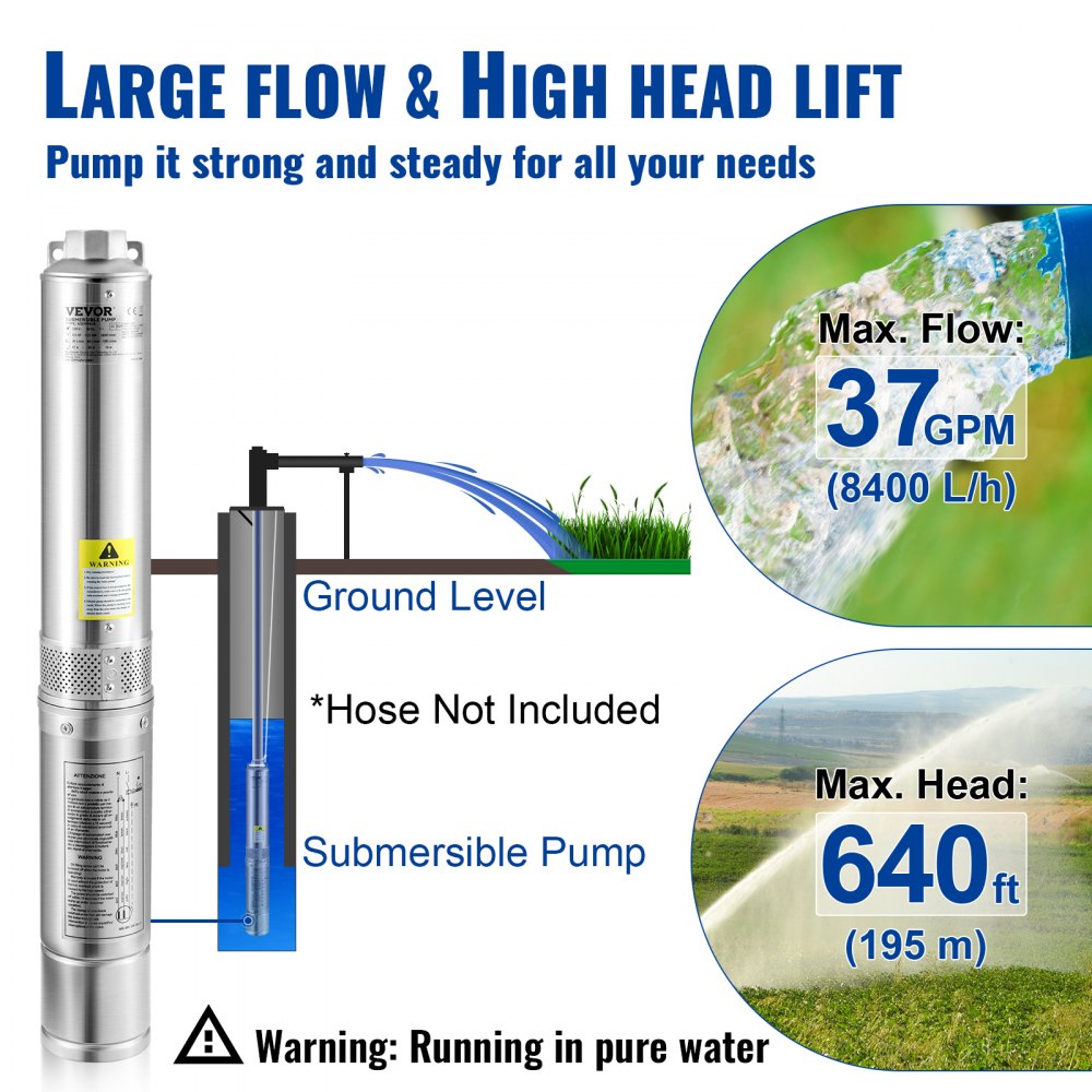 AMITOOLS Deep Well Submersible Pump, 3HP/2200W 230V/60Hz, 37GPM Flow 640 ft Head, with 33 ft Electric Cord, 4 inch Stainless Steel Water Pumps for Industrial, Irrigation & Home Use, IP68 Waterproof Grade